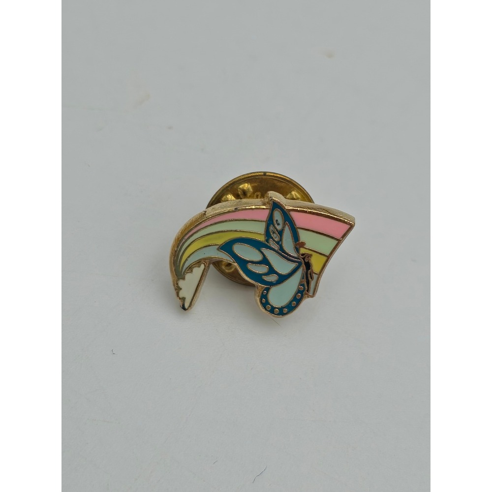 Vintage Butterfly Rainbow Enamel Pin Gold Tone Pastel Lapel Hat Pin Retro Flair